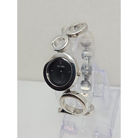 Fossil F2 ES1622 Womens Silver Circle Link Black Dial Watch Quartz New Battery main image 8